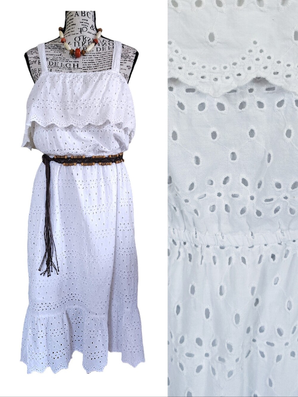 Vtg White‎ Eyelet Sleeveless Tiered Cotton Midi Dress Large Coquette Boho
